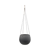 Bloomingville Hanging Stoneware Planter with Leather Rope Hanger, Latex Finish, Black