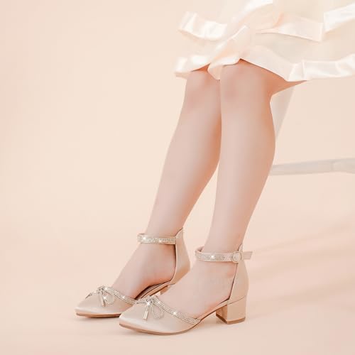 Image of LAURMOSA Girls Sandals Closed Toe High Heels Pointed Toe Ankle Strap Pumps Flower Girl Dressy Shoes in Wedding Party Cute Bowknot Chunky Block Heeled for Little Big Kids