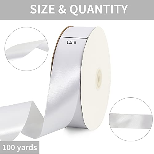 Toniful 1-1/2 Inch (40Mm) X 100 Yards White Wide Satin Ribbon Solid Fabric Ribbon For Gift Wrapping Chair Sash Valentine's Day Wedding Birthday Party Decoration Hair Floral Craft Sewing #TOP1