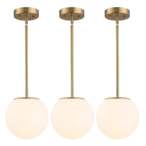 DALIVOL Modern Globe Pendant Light Mid Century Opal Glass Hanging Light Fixture Gold Finish, 3-Light...