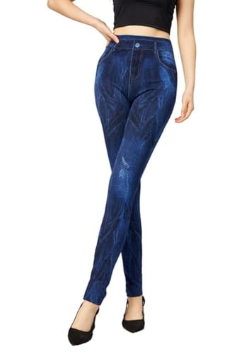ORANDESIGNE Leggings Imprimés Denim Femme Leggings Imitation Jeans Taille Haute Legging Sport Stretch Jeggings K Bleu Foncé XXL