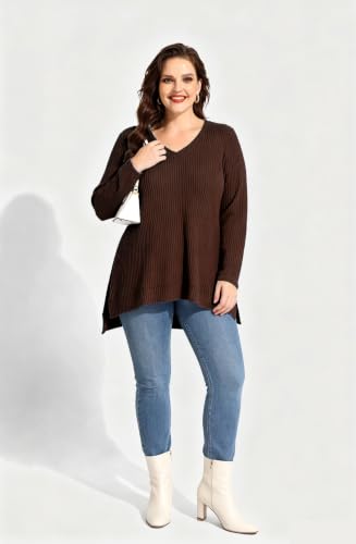 Image of RITERA Plus Size Women Sweaters Waffle Knit Pullover Top Long Sleeve Casual Crewneck Shirt Loose Split Hem Fall Winter Blouse