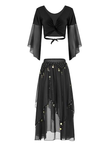 Manyakai Bauchtanz Kostüm Damen Sexy Chiffon Wickeljacke Kurz Top Cut Out Wickel Oberteil Bauchfrei Asymetrisch Tanzrock Midi Rock Mit Münzen...