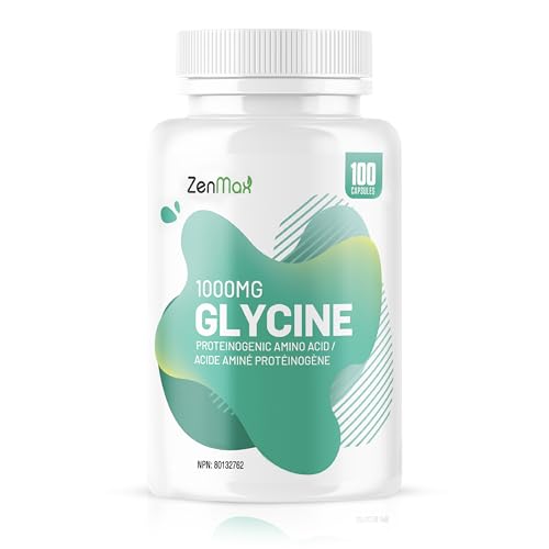 ZenMax Glycine 1000mg - 100 Capsules, Vegan Amino Acid Supplement for Muscle Recovery, Relaxation, Sleep Support, Protein Synthesis, Collagen Formation, Brain and Joint Health - Non-GMO, Gluten-Free, Made in Canada