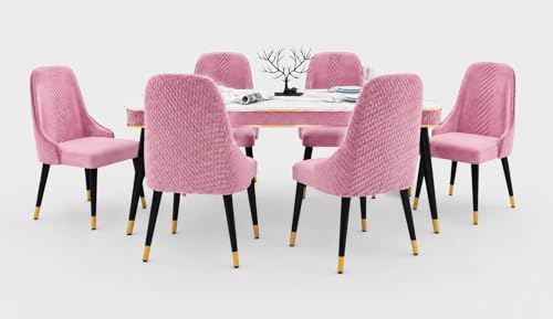 Image of WOODEN SPACE 6-Seater Wooden Dining Table Set | Nano Composite Marble Top | Solid Wood Base | Modern Dining Room Furniture with 6 Chairs (Pink Modern Vento)
