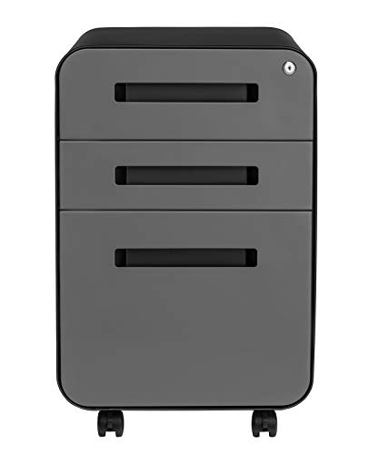 Laura Davidson Furniture Stockpile 3 Drawer File Cabinet with Lock - Under Office Desk Metal Filing Cabinet, Legal/Letter File Folders, Wheels and Stationary Feet, Pre-Assembled, Black/Grey