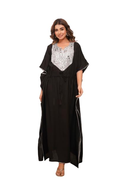 Elegant Mirror Work Kaftan for Women with Designer Neck & Adjustable Waist | Ethnic Wear. (Black)-picture-31