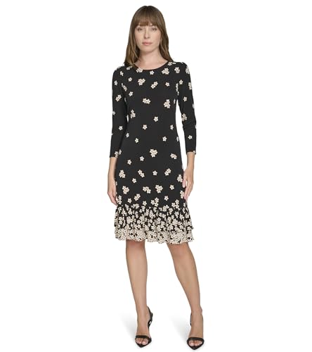 Image of Tommy Hilfiger Women's 3 /4 Sleeve Crew Neck Double Ruffle Hem Jersey Shift Mini Dress