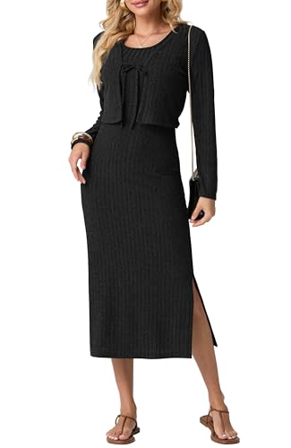 GRECERELLE Damen Strickkleid Strickjacke 2-teiliges Strick-Set : Midi Winterkleid Lang mit Spaghettiträgern & Seitenschlitz + Kurz geschnittenes...