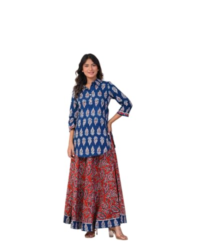 Image of KANNAHI Women Pure Cotton Blue and Rust Ethnic Motif Ajrakh Handblock Printed Kurta Set