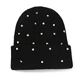 Julpsk Luxury Shiny Rhinestone Beanie Winter Daily Cuffed Ribbed Knit Hat for Women Men Black
