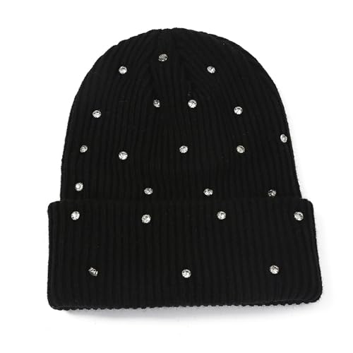 Julpsk Luxury Shiny Rhinestone Beanie Winter Daily Cuffed Ribbed Knit Hat for Women Men Black