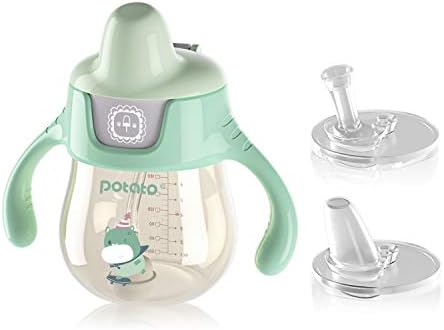 POTATO Sippy Cups For Toddlers with Straw Spill Proof, PPSU Learner Cup with Handle for Babies, Water Bottle for Baby 6 Months with 2 Type of Spout, 6 Ounce Green