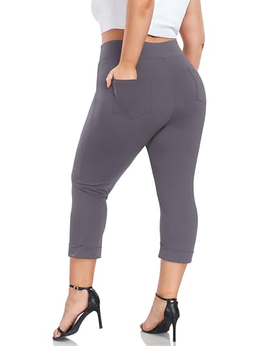 FOREYOND Plus Size Capri Pants for Women Pull on Dress Pants Tummy Control with Front & Back Pockets 4-Way Stretch