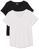 Amazon Essentials Women's 2-Pack Classic-Fit 100% Cotton Short-Sleeve V-Neck T-Shirt, Black/White, Large