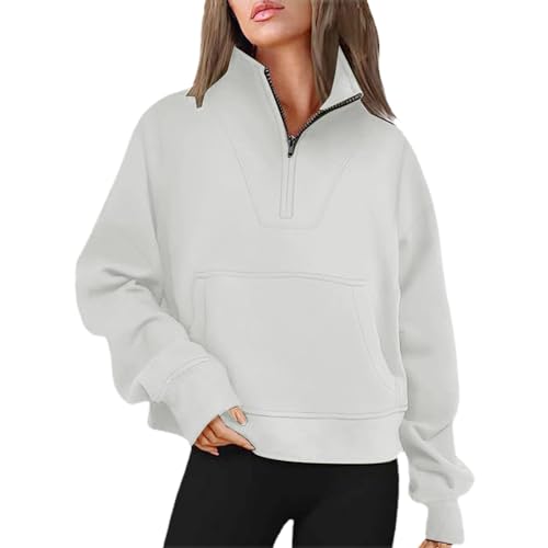Sudadera con cuello alto y media cremallera para mujer, con bolsillos, para otoño e invierno, moderna, de manga larga, color liso, cálida, informal, holgada, A-gris., XL
