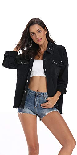 Nicasia Women's Oversized Denim Jackets Plus Size Jean Jackets Loose Casual Outwear with Rivets (Black, Medium)