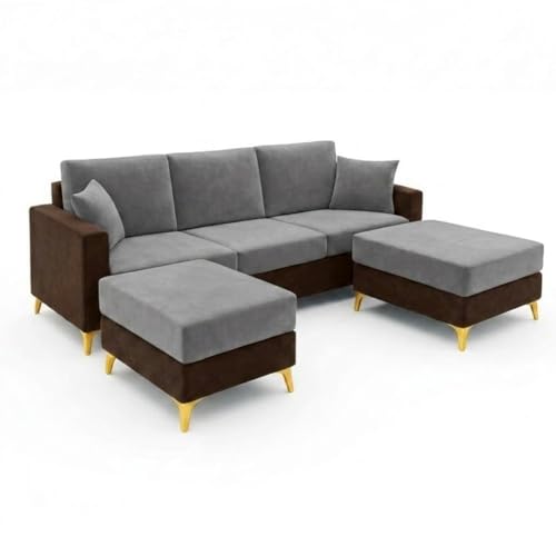 Image of Strike Dual Tone Plush 5 Seater L Shape Sofa Set with 2 Movable Ottomans | Flexible Layout | Silken Velvet Suede| Golden Metal Legs| for Living Room & Office Spaces (Dark Brown & Dark Grey)