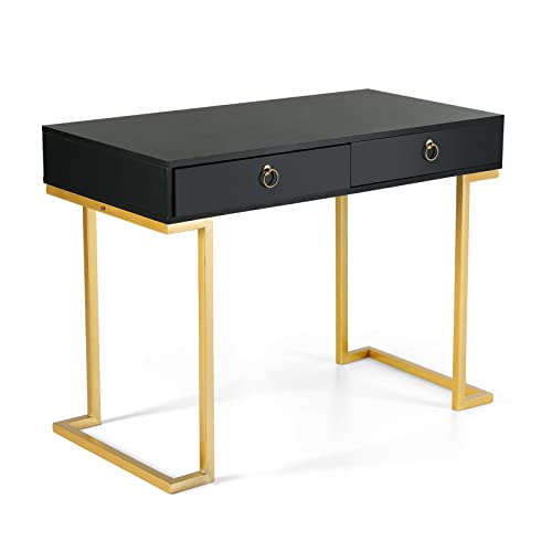 Sophia & William Leighton Two Drawers Makeup Vanity Dressing Table for Women Girls, Modern Home Office Writing Computer Laptop Desk Gold Metal Frame and Engineering Wood Top, Black Gold
