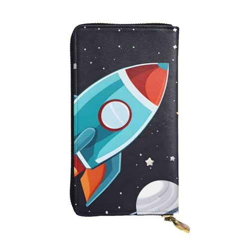 Leather Wallet 7.48 x 4.13 in - Stylish and Durable Wallet for Women with Multiple Compartments and Zipper Design rocket clipart space ship Pattern