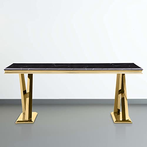 Anewsun Dining Table For 6 People, Modern Luxury Rectangular Table With Gold Mirror Stainless Steel Metal X-Base #TOP24