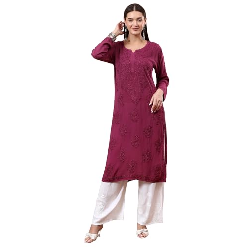 Image of POSHAK CHIKAN STUDIO Women's Hand Embroidered Lucknowi Chikankari Modal Straight Long Kurta, heer