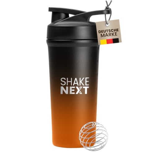 ShakeNext® Edelstahl Shaker [NEUEINFÜHRUNG] - Trinkflasche mit Mixball 700ml, Fitness und Protein Shaker mit auslaufsicherem Druckverschluss, patentiertes Design mit Farbverlauf (Schwarz-Orange)