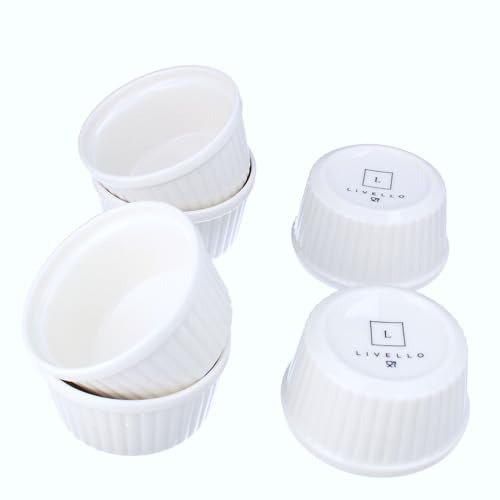 LIVELLO Stromboli Zestaw 6 Kokilek Porcelanowych 180 ml – Żaroodporne Ramekiny do Zapiekania, Sufletów, Creme Brulee i Deserów, Miseczki do Piekarnika, Białe