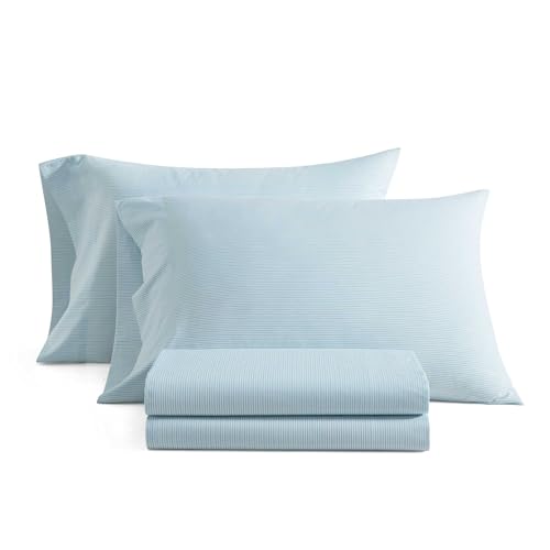 Image of Martha Stewart - Queen Size Sheets Set, Crisp & Tailored Cooling Sheets w /a Naturally Smooth Cotton Percale Lightweight Feel - Bed Sheets with Matching Pillowcases & Fitted Sheet (Stripe Blue)
