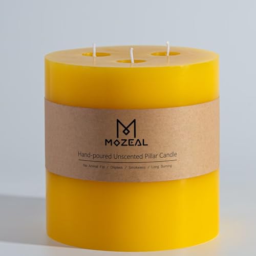 MOZEAL Extra Large 3 Wick Yellow Pillar Candle, 6" x 6", Unscented, Dripless, Smokeless, and Clean-Burning. Approx. 120 Hours of Burn Time. Perfect for Weddings, Dinners, Christmas and Home Decor