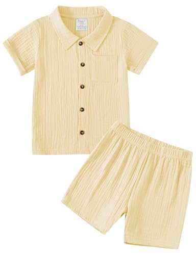 Image of Jimonda Baby Boys Cotton Gauze Shirt/Shorts Sets Outdoor Toddler Button-down Clothes Set Summer Short Sleeve Outfit 2PC