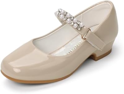 Hehainom Girls Dress Shoes - Toddler Pearl Mary Jane Heels with Square Toe Pumps