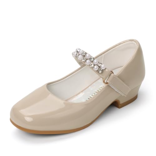 Hehainom Girls Dress Shoes - Toddler Pearl Mary Jane Heels with Square Toe Pumps