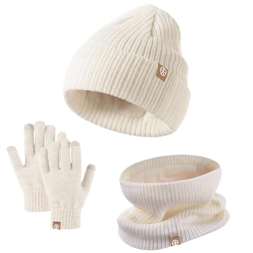 Yeory Kids Winter Hat, Hat and Scarf Sets for Kids, Kids Beanie Hat Scarf Gloves Set, Knit Toddler Scarf Beige White, Knitted Beanie Hats