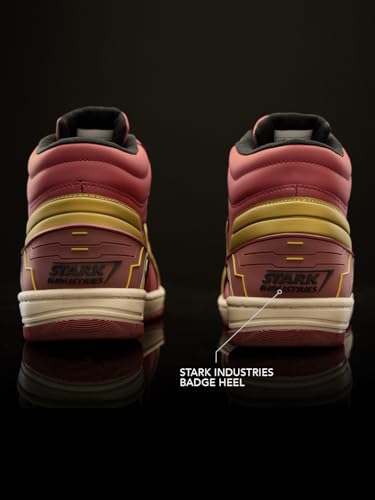Image of The Souled Store Iron Man: Arc Reactor Men and Boys High Top Sneakers Maroon and Gold Streetwear Smooth Synthetic Cushioned Midsole Red Rubber Sole Lace Up Closure Padded Ankle Collar