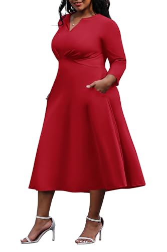 Image of Nmoder Women's Plus Size Stretchy Flared Wrap Dress Casual Wedding Guest Midi Dresses V Neck 3 /4 Sleeve A-Line Swing Dress
