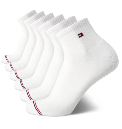 Image of Tommy Hilfiger Mens Quarter Socks - 6 Pack Athletic Performance Stretch Moisture Wicking Cushioned Ankle Socks for Men, Size 7-12, White Stripe