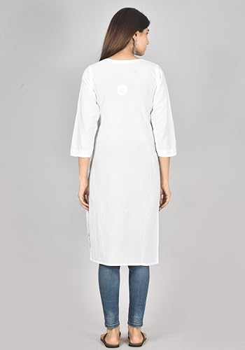 Vrnda Women's White Cotton Kurti – Hand-Embroidered Lucknowi Chikankari, Straight Fit, Knee-Length Pakistani Style Kurta2