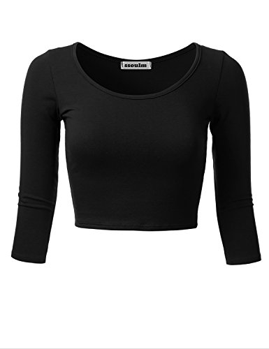 SSOULM Women's 3/4 Sleeve Scoop Neck Cotton Slim Fit Crop Top (S-2XL)