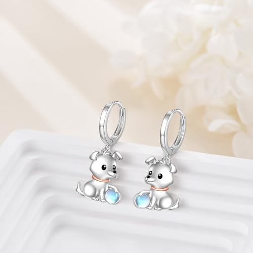 Hund Ohrringe für Damen - 925 Silber Creolen Mit Mondstein, Hängend Schmuck Geschenk für Kinder Mädchen