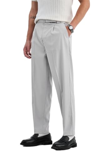 Image of SNITCH Men Trousers Formal Wear | Relaxed Fit Straight Leg Pleated Front & Turned-up Hem Design | Polyester Blend Medium-Stretch Fabric for Office Meetings & Daily Professional Use