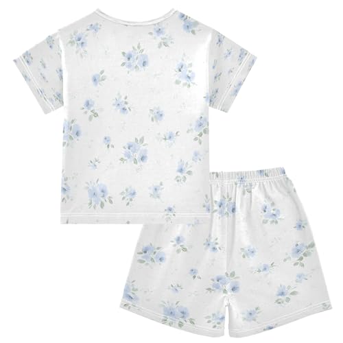 Blue Small Floral Pattern Kids Pjs Set Boys Girls Summer Short-Sleeve Sleepwear Pajamas 2PCS2