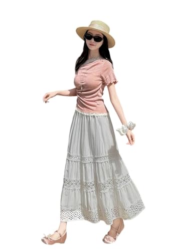 Women Lace Hollow Out High Waisted Patchwork Skirts Summer Solid Boho Beach Midi Skirt2