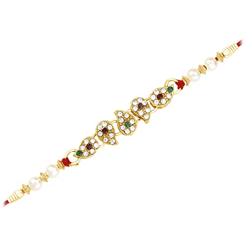Image of Peora Rakhshabandhan Thread Rakhi for Brother Bhaiya | Kundan Crystals & Pearl Studded | Rakhi Hamper Roli Chawal & Greeting Card