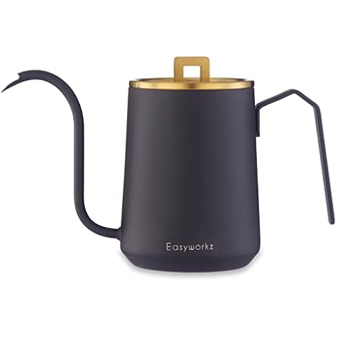 Easyworkz Gooseneck Pour Over Coffee Kettle 600ml Stainless Steel Hand Drip Coffee Pot with Long Narrow Spout,Brass Gold Black Cover