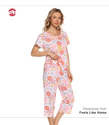 Image of ENJOYNIGHT Womens Pajama Sets Cotton Pj Set Short Sleeve Top With Capri Pants Sleepwear 2 Piece Lounge Set