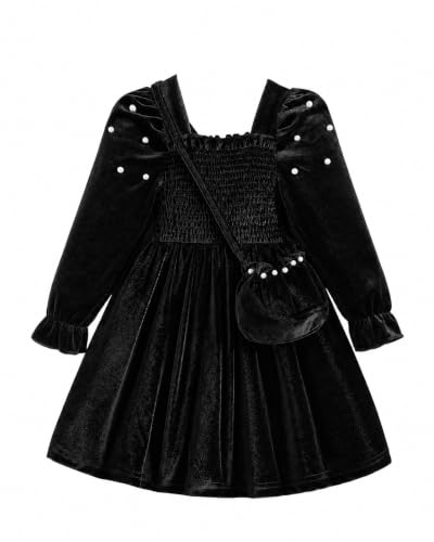 Image of JiAmy Girls Velvet Long Sleeve Dress with Crossbody Bag 140,Black