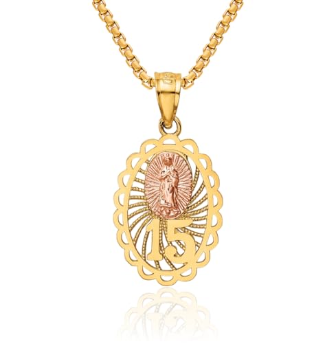 IceCarats 14K Solid Two Tone Gold Anos Quinceanera Sweet 15 Years Old Birthday Our Lady of Guadalupe Virgin Mary Necklace Virgencita Maria Rosa Pendant Catholic Christian Holy Mother Medallion Charm