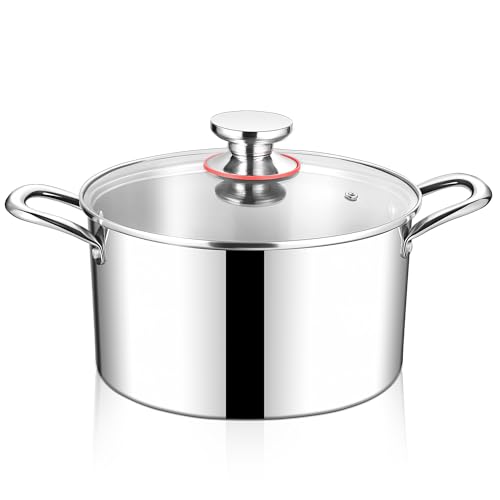 HaWare Casserole à induction en acier inoxydable à 3 couches de 26 cm - 6,7 l - Avec couvercle en verre - Pour tous les types de plaques de cuisson - Saine et non revêtue - Passe au lave-vaisselle