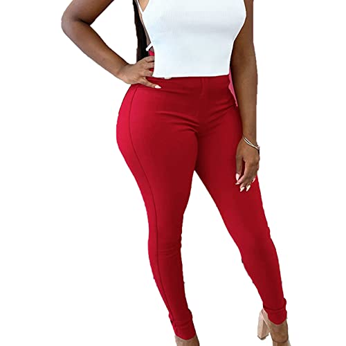 Women's High Waisted Skinny Stretch Jeans Butt Lifting Slim Fit Pull on Jean Casual Tapered Leg Denim Pants (Red,Large)